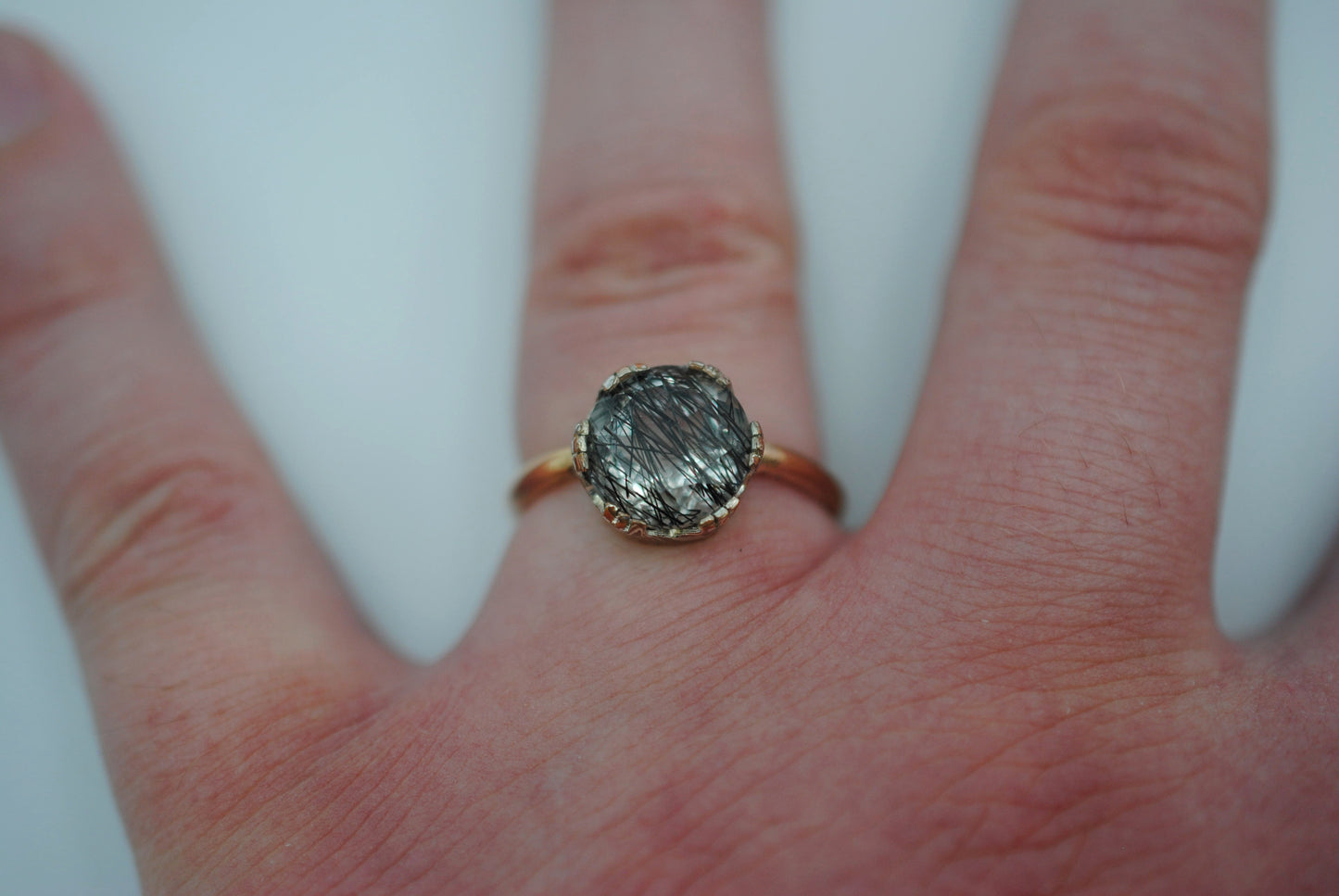 Rutilated Quartz Rose Gold Band with Mokume Gane Setting Ring