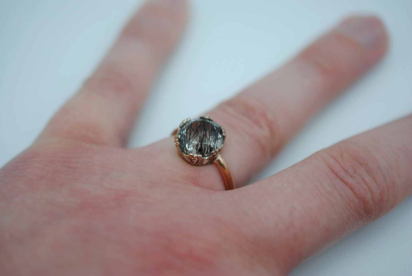 Rutilated Quartz Rose Gold Band with Mokume Gane Setting Ring