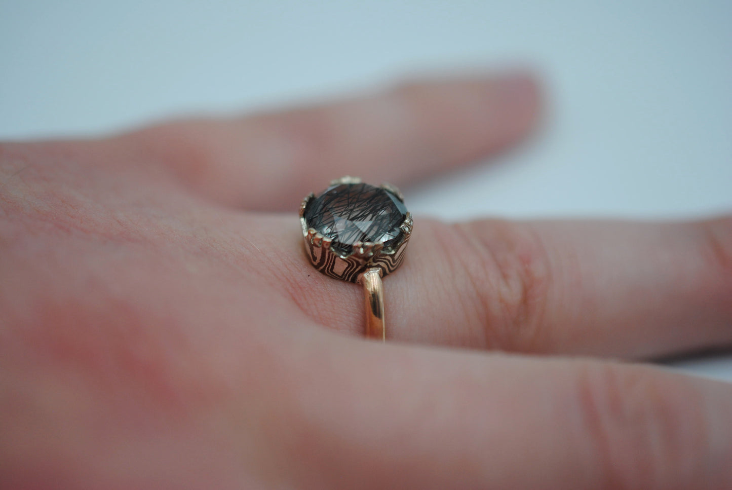 Rutilated Quartz Rose Gold Band with Mokume Gane Setting Ring