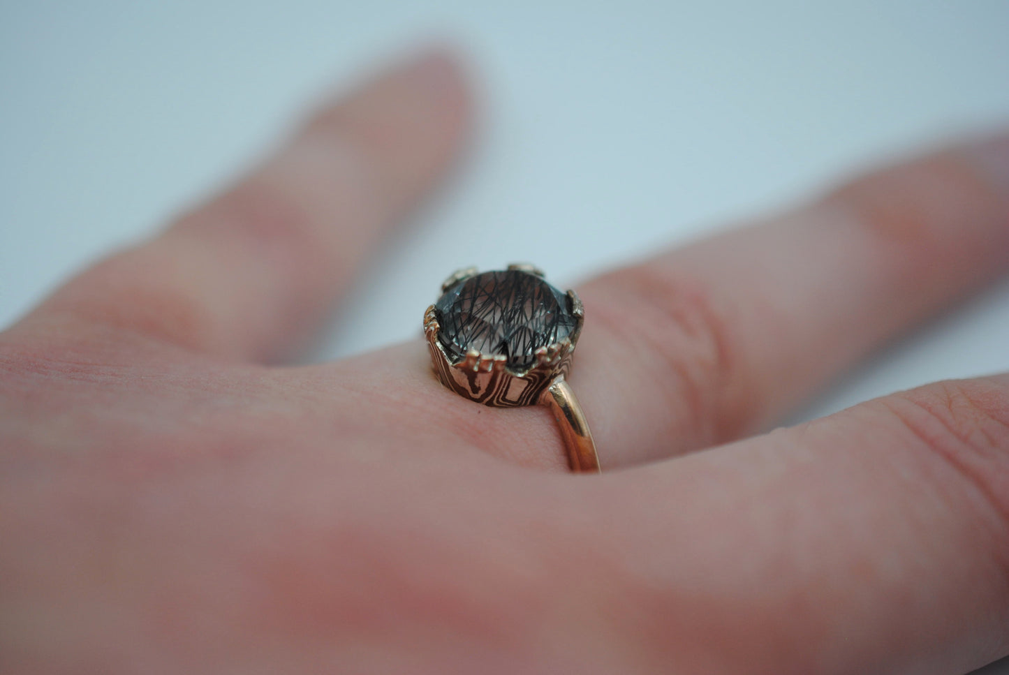 Rutilated Quartz Rose Gold Band with Mokume Gane Setting Ring