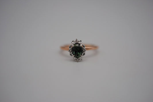 Sapphire Ring: Oval Cut, Rose Gold Band, Melee White Gold Setting