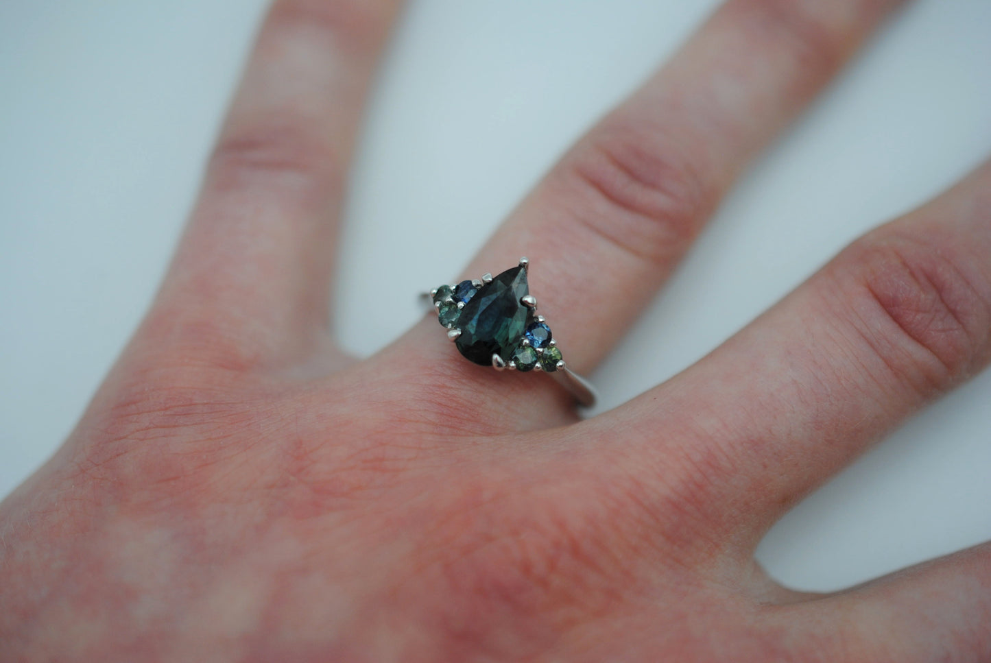 Sapphire Ring: Pear Cut, Ombre Sapphire Melee, White Gold