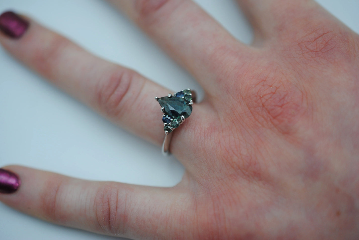 Sapphire Ring: Pear Cut, Ombre Sapphire Melee, White Gold