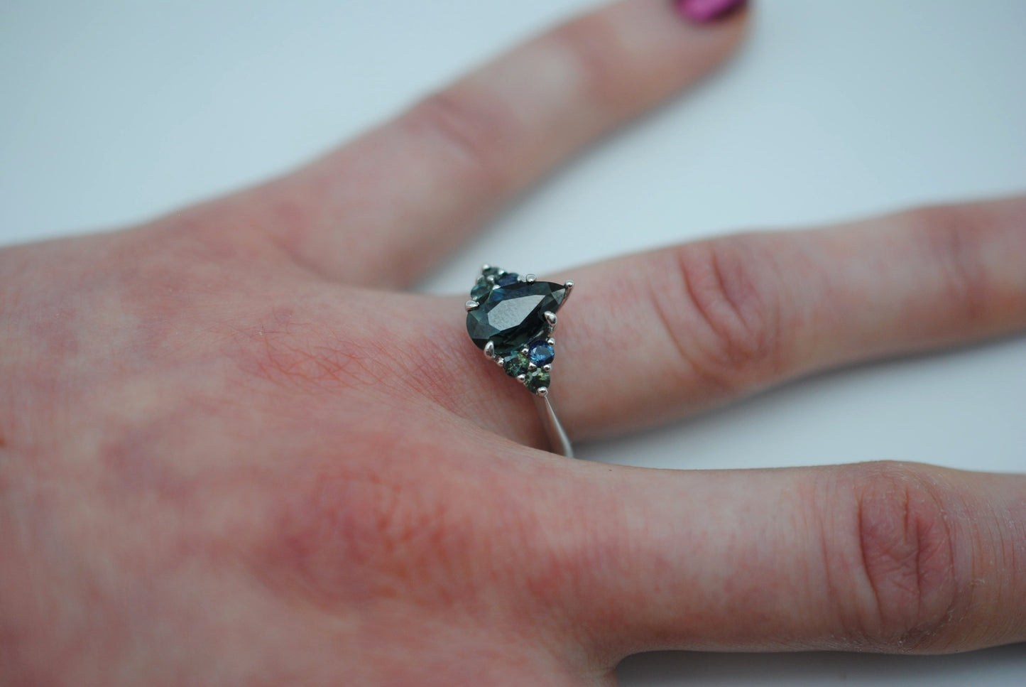 Sapphire Ring: Pear Cut, Ombre Sapphire Melee, White Gold