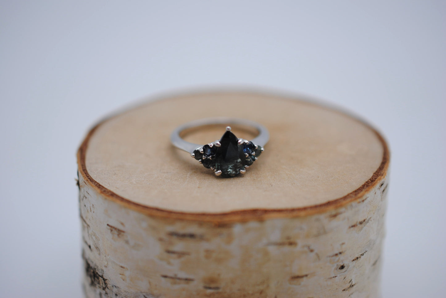 Sapphire Ring: Pear Cut, Ombre Sapphire Melee, White Gold