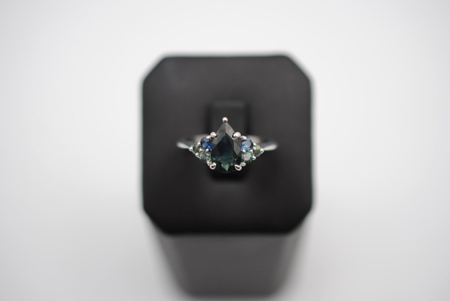 Sapphire Ring: Pear Cut, Ombre Sapphire Melee, White Gold
