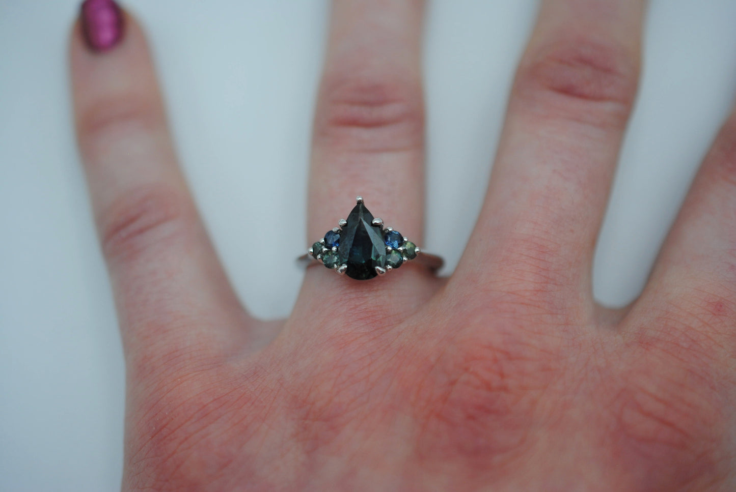 Sapphire Ring: Pear Cut, Ombre Sapphire Melee, White Gold
