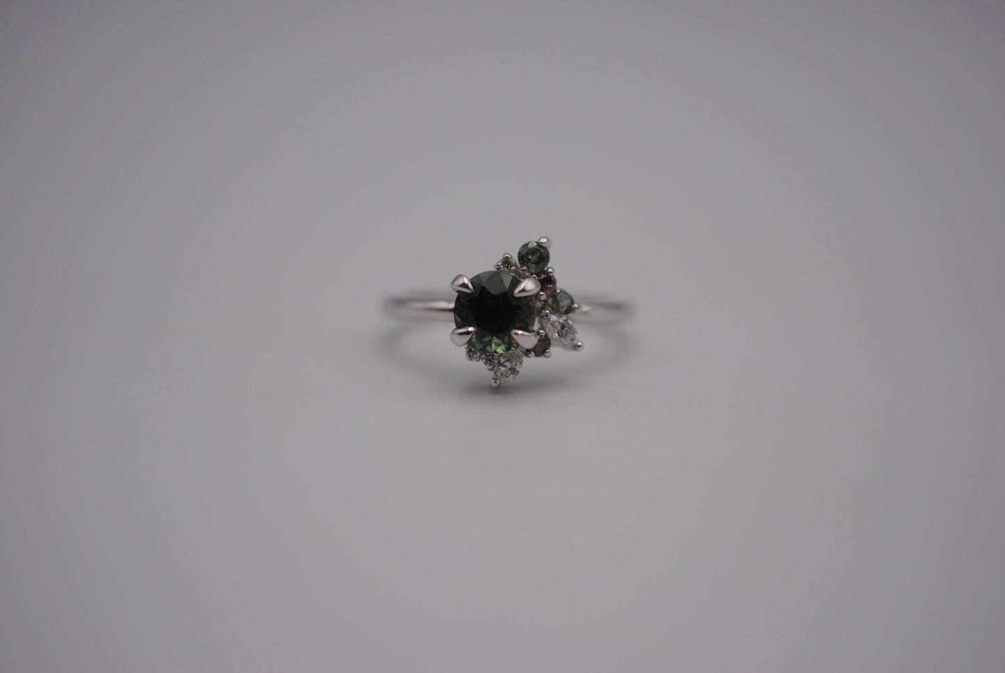 Sapphire Ring: Round Cut, with Sapphire & Diamond Cluster, 14K White Gold