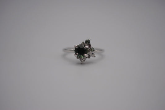 Sapphire Ring: Round Cut, with Sapphire & Diamond Cluster, 14K White Gold