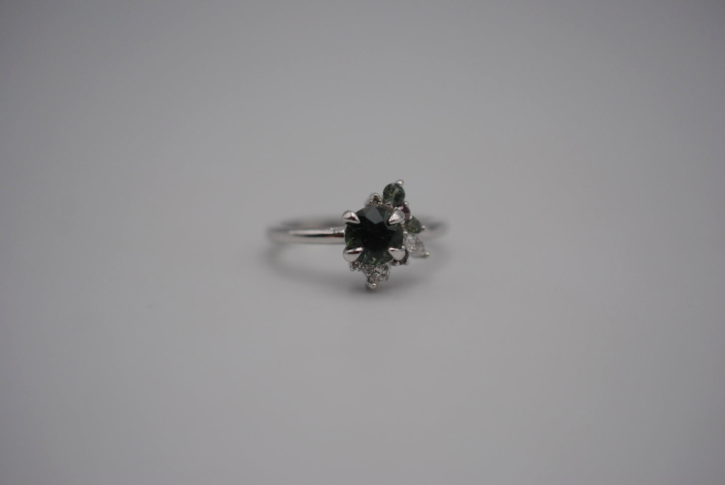 Sapphire Ring: Round Cut, with Sapphire & Diamond Cluster, 14K White Gold