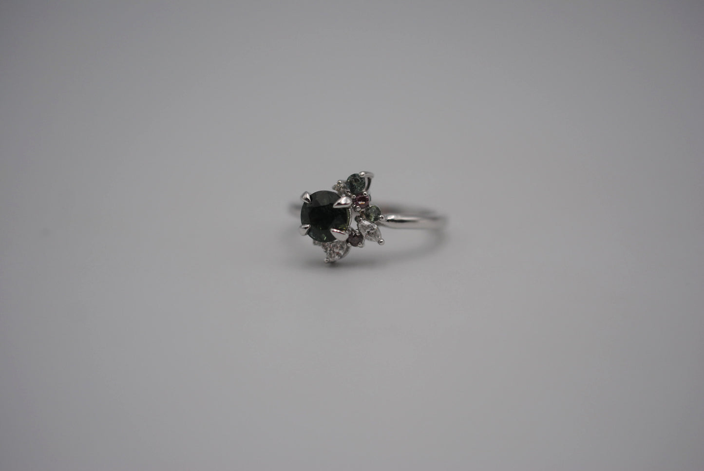 Sapphire Ring: Round Cut, with Sapphire & Diamond Cluster, 14K White Gold