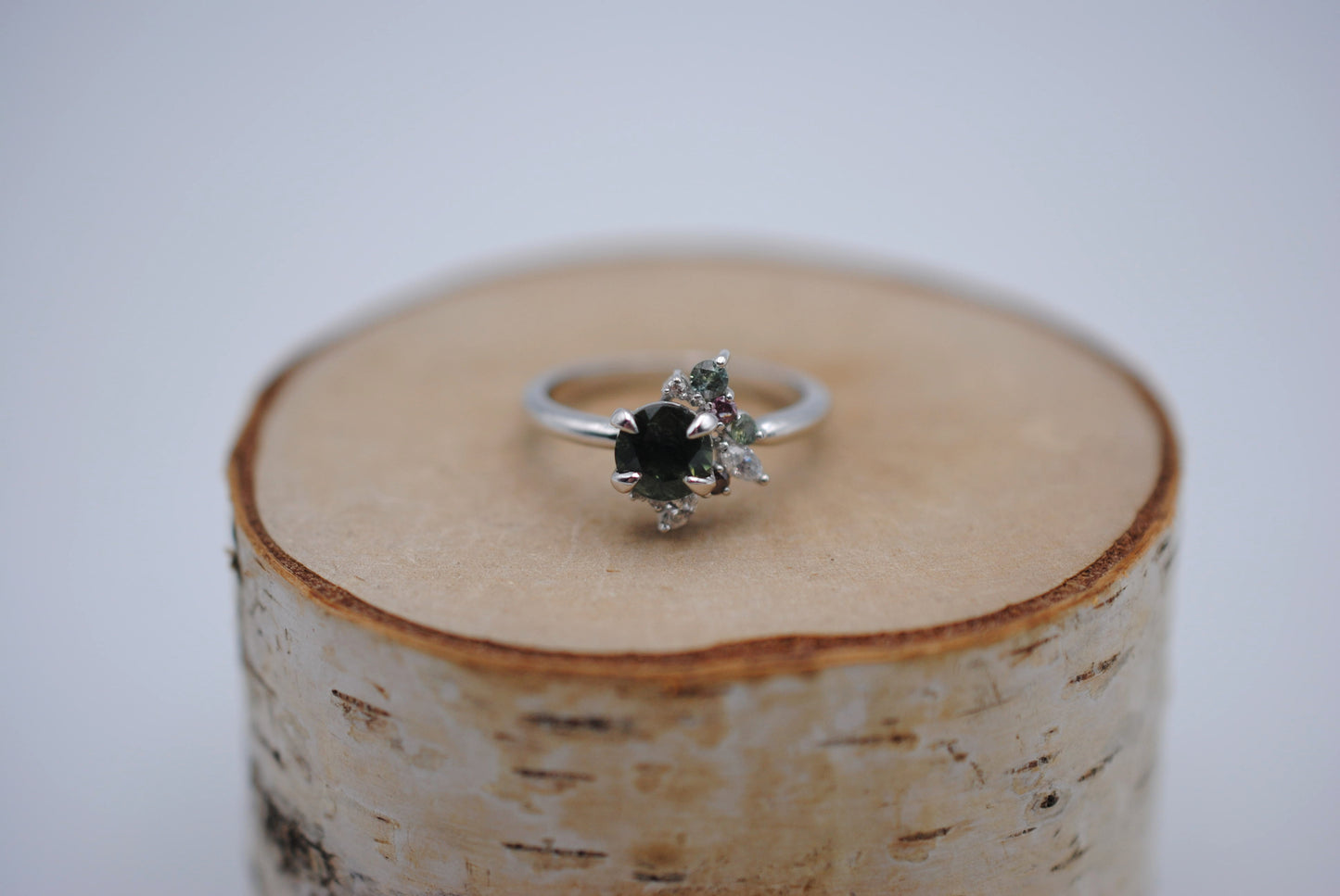 Sapphire Ring: Round Cut, with Sapphire & Diamond Cluster, 14K White Gold