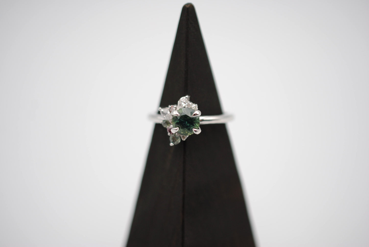 Sapphire Ring: Round Cut, with Sapphire & Diamond Cluster, 14K White Gold