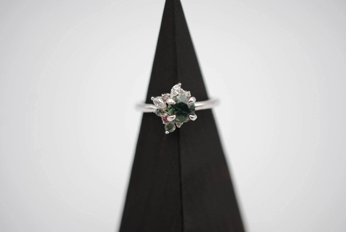 Sapphire Ring: Round Cut, with Sapphire & Diamond Cluster, 14K White Gold