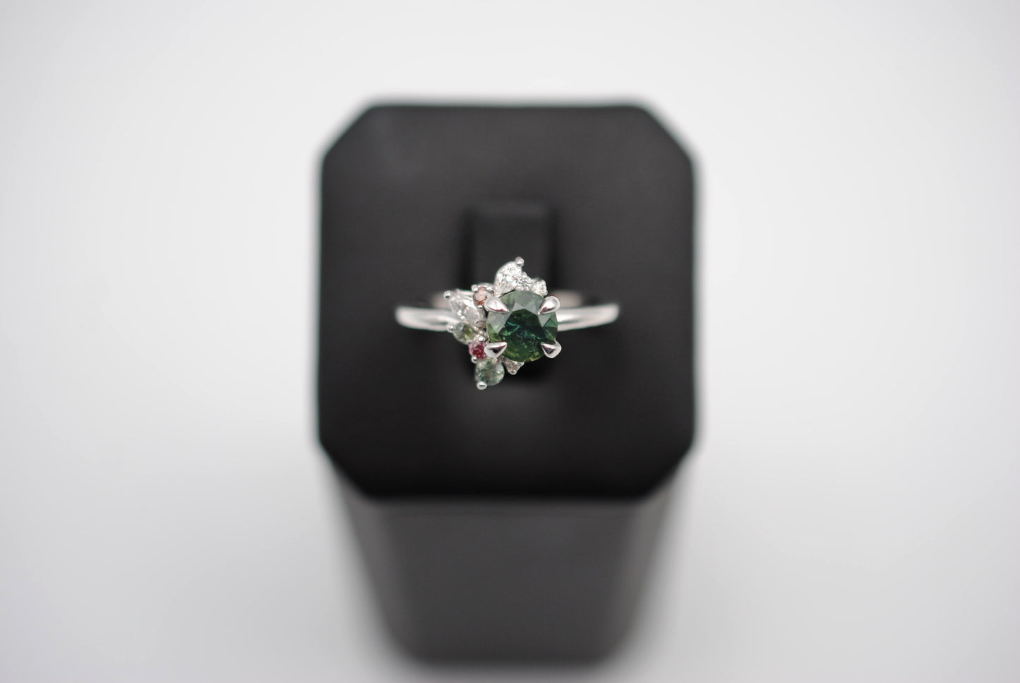 Sapphire Ring: Round Cut, with Sapphire & Diamond Cluster, 14K White Gold