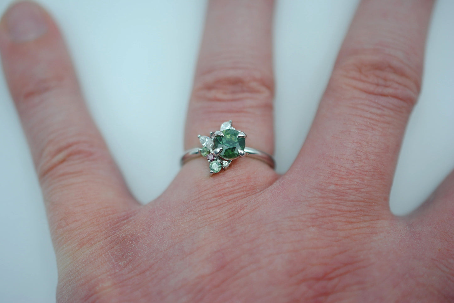 Sapphire Ring: Round Cut, with Sapphire & Diamond Cluster, 14K White Gold