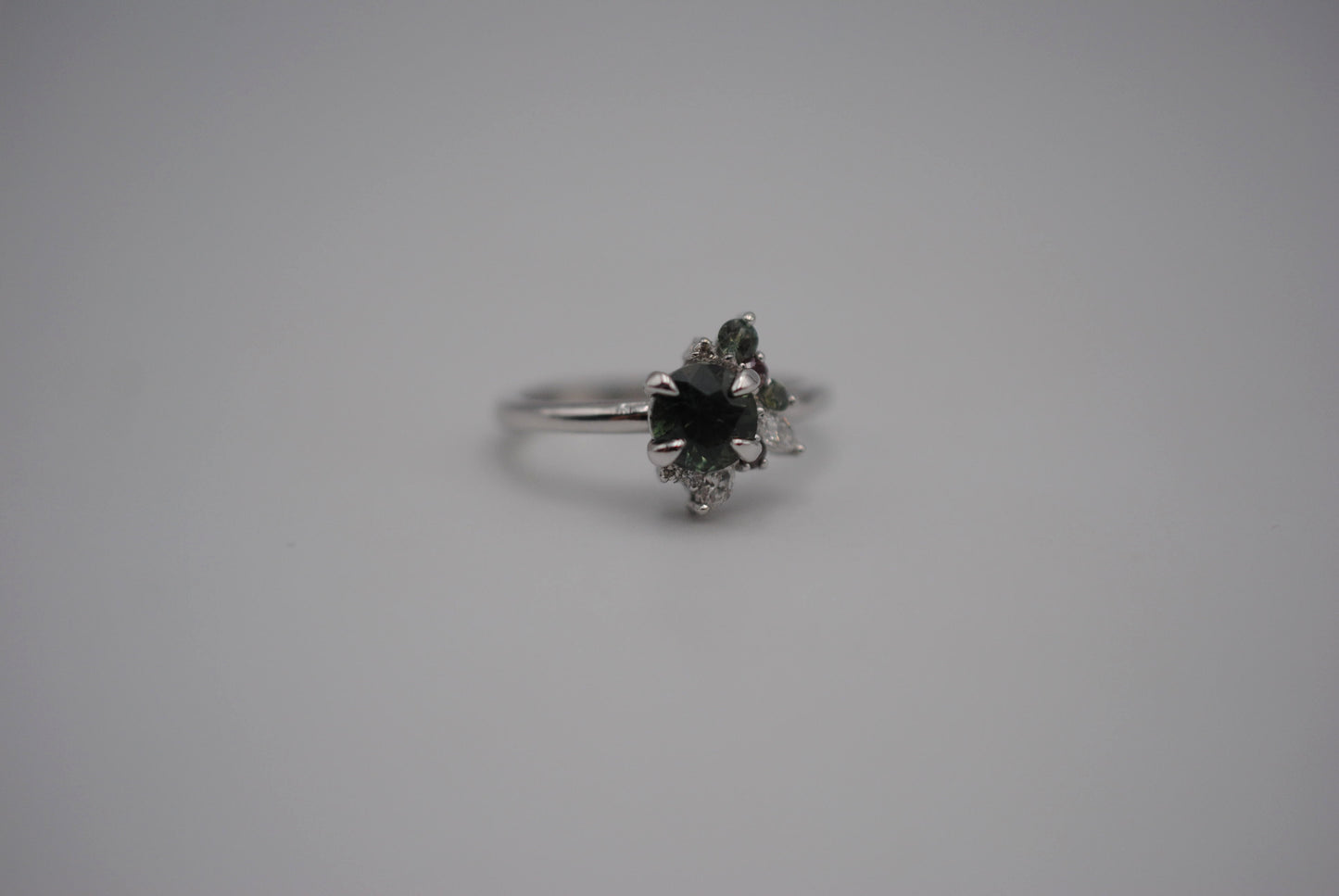 Sapphire Ring: Round Cut, with Sapphire & Diamond Cluster, 14K White Gold