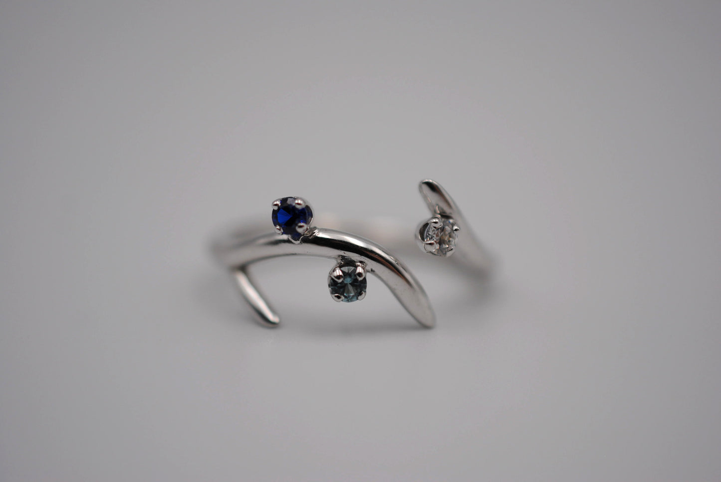 Sprout Rhodium Roots Ring with Blue Sapphire, Aquamarine, and Cubic Zirconia Gemstones