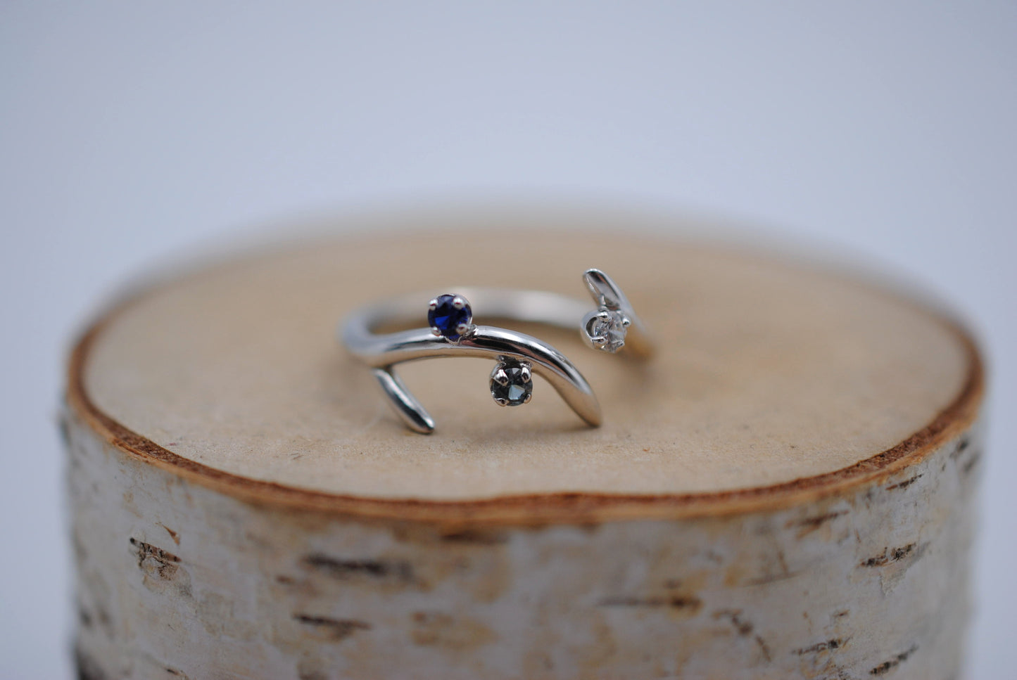 Sprout Rhodium Roots Ring with Blue Sapphire, Aquamarine, and Cubic Zirconia Gemstones
