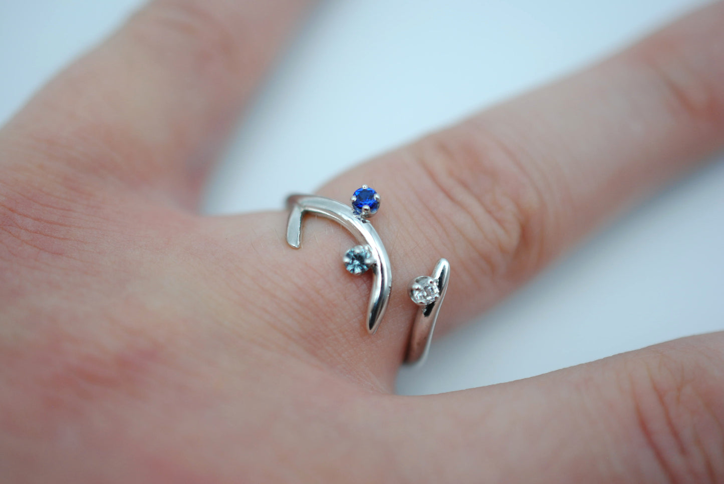 Sprout Rhodium Roots Ring with Blue Sapphire, Aquamarine, and Cubic Zirconia Gemstones