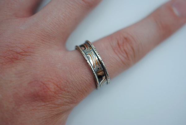 Three Tone Copper, Silver, Shibuichi Mokume Gane Ring with Silver Birch Banding