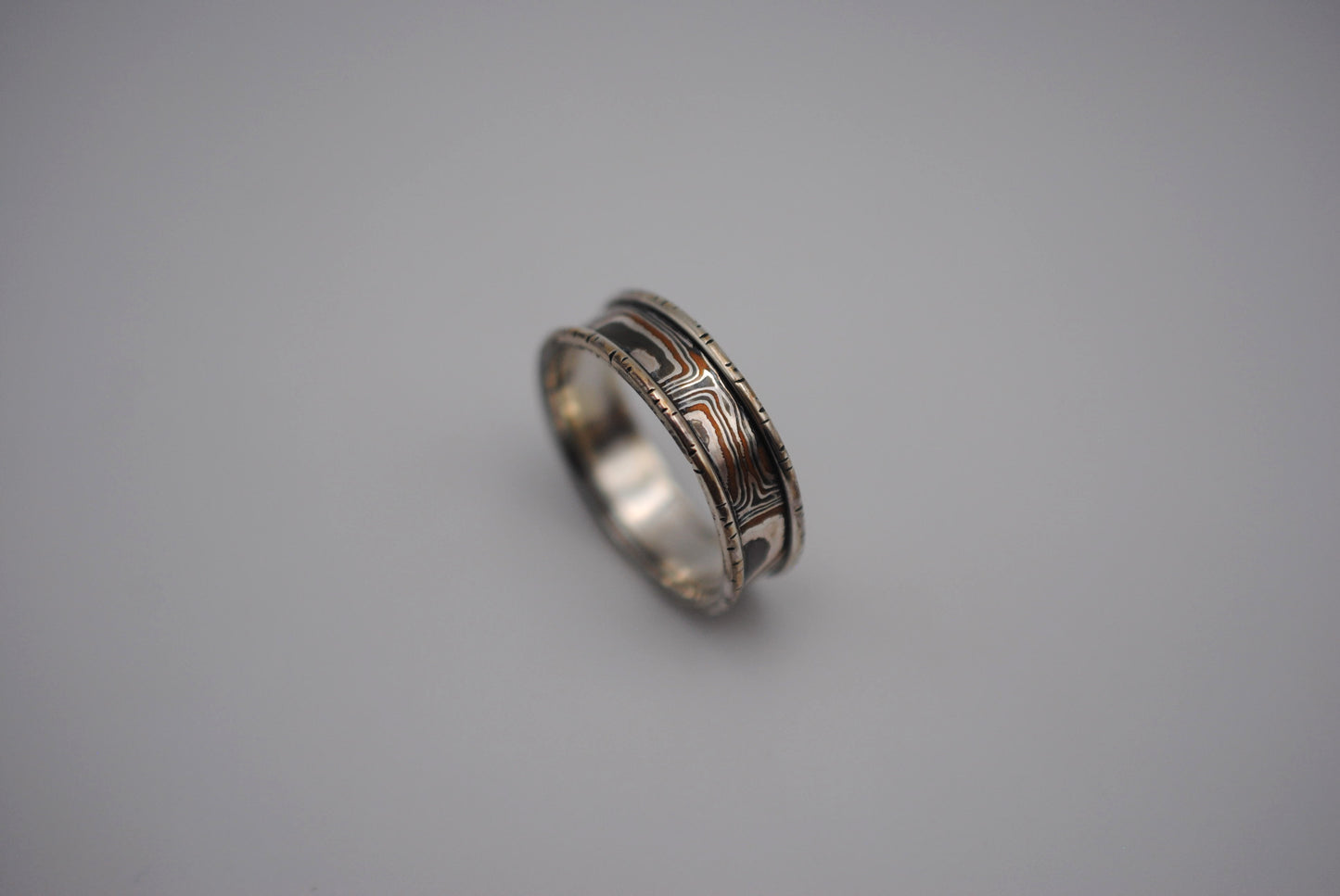 Three Tone Copper, Silver, Shibuichi Mokume Gane Ring with Silver Birch Banding