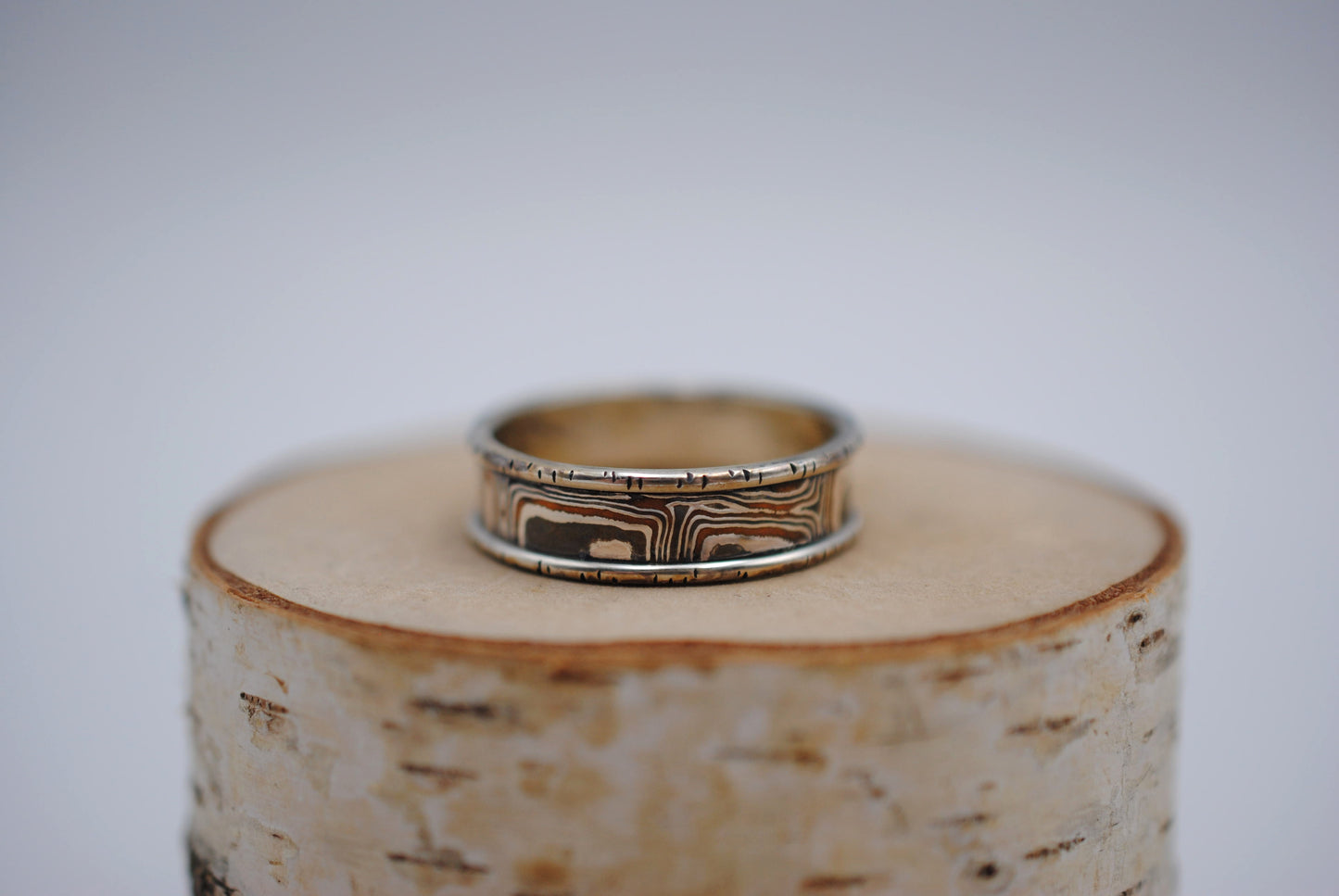 Three Tone Copper, Silver, Shibuichi Mokume Gane Ring with Silver Birch Banding