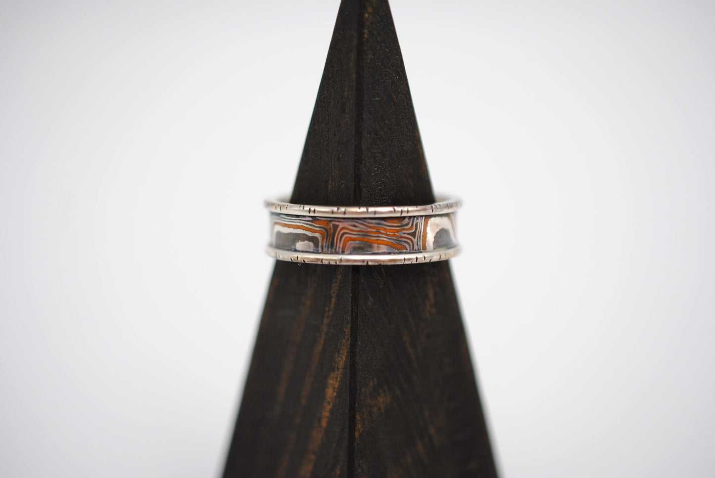 Three Tone Copper, Silver, Shibuichi Mokume Gane Ring with Silver Birch Banding