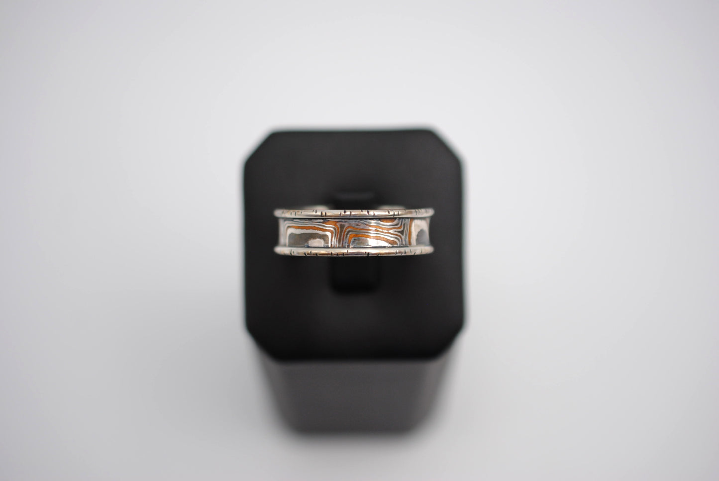 Three Tone Copper, Silver, Shibuichi Mokume Gane Ring with Silver Birch Banding