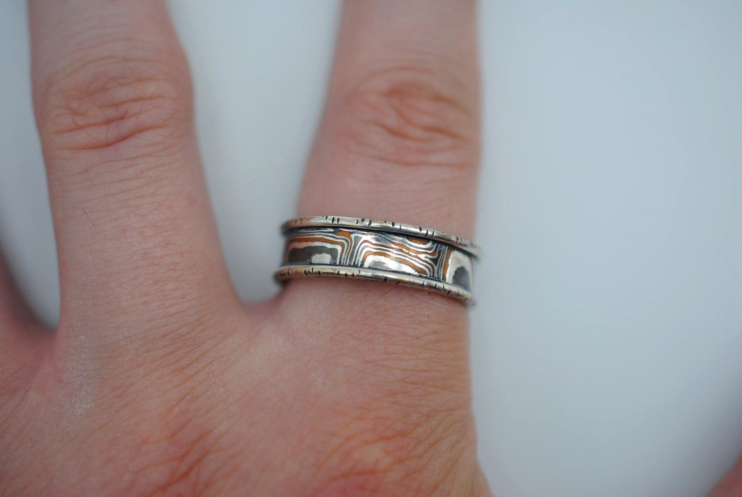 Three Tone Copper, Silver, Shibuichi Mokume Gane Ring with Silver Birch Banding