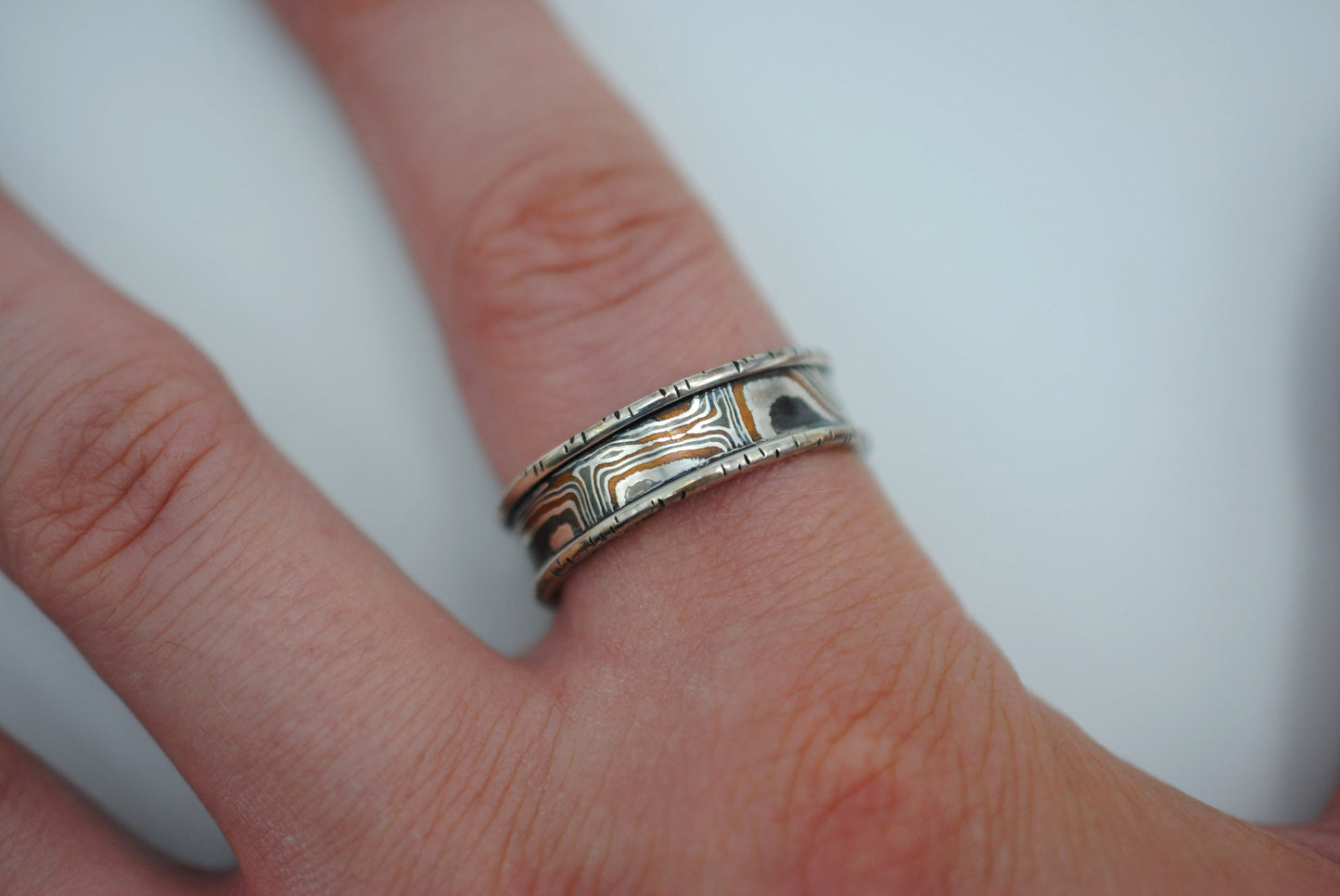 Three Tone Copper, Silver, Shibuichi Mokume Gane Ring with Silver Birch Banding