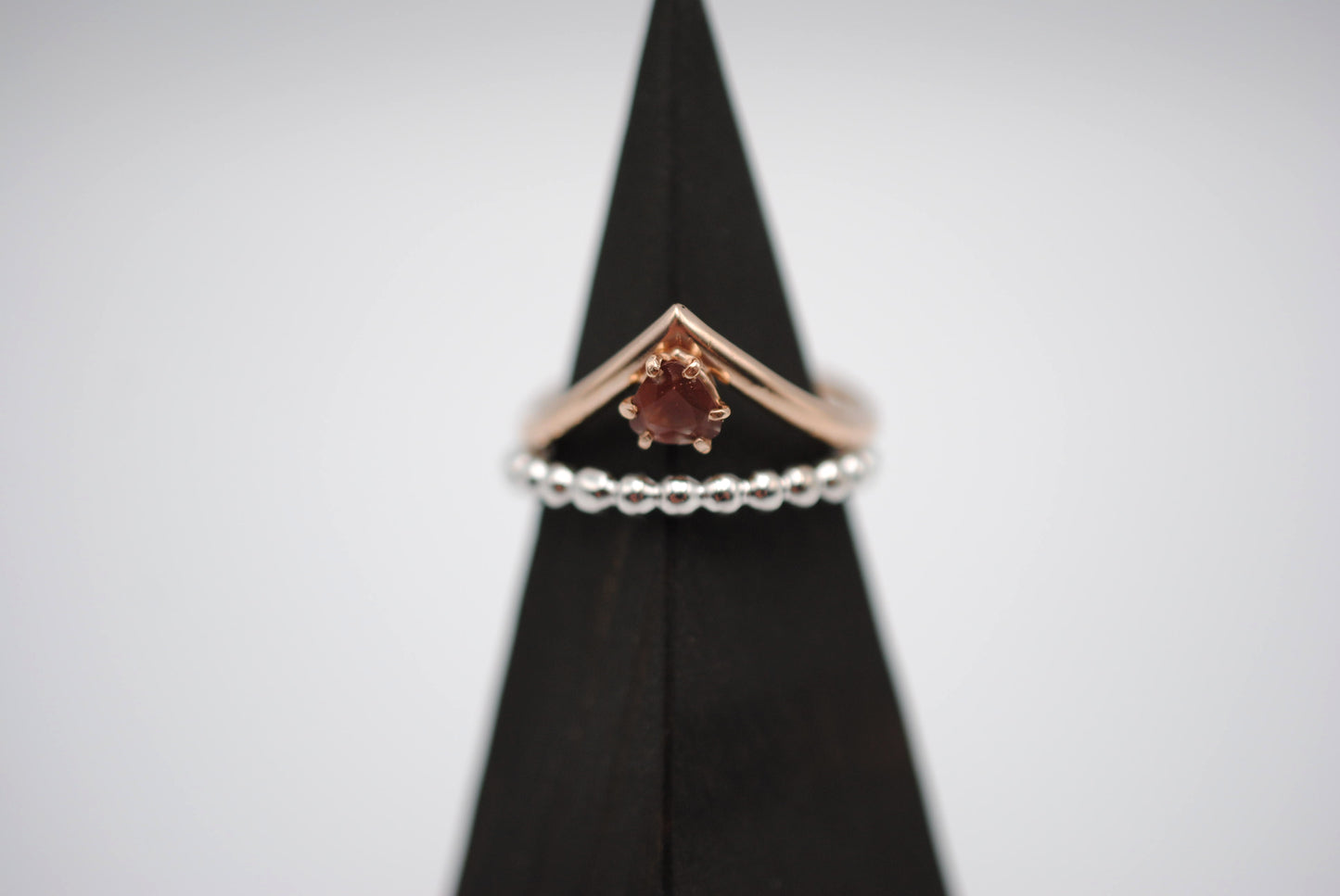 Trillion Oregon Sunstone on Rose Gold Chevron Band in Rose Gold Setting Ring with Bubble Stacker