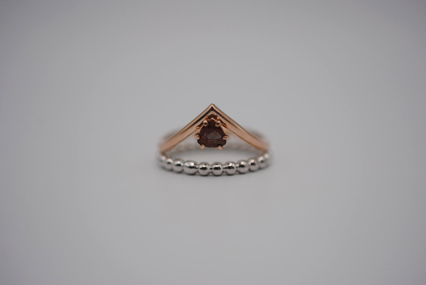 Trillion Oregon Sunstone on Rose Gold Chevron Band in Rose Gold Setting Ring with Bubble Stacker