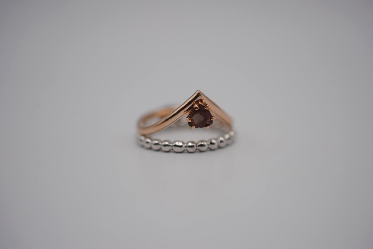 Trillion Oregon Sunstone on Rose Gold Chevron Band in Rose Gold Setting Ring with Bubble Stacker