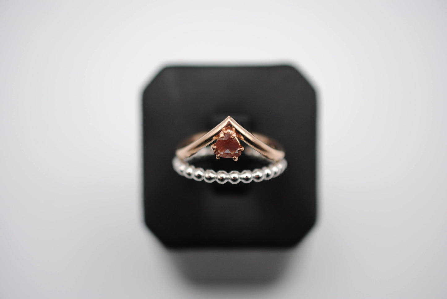 Trillion Oregon Sunstone on Rose Gold Chevron Band in Rose Gold Setting Ring with Bubble Stacker