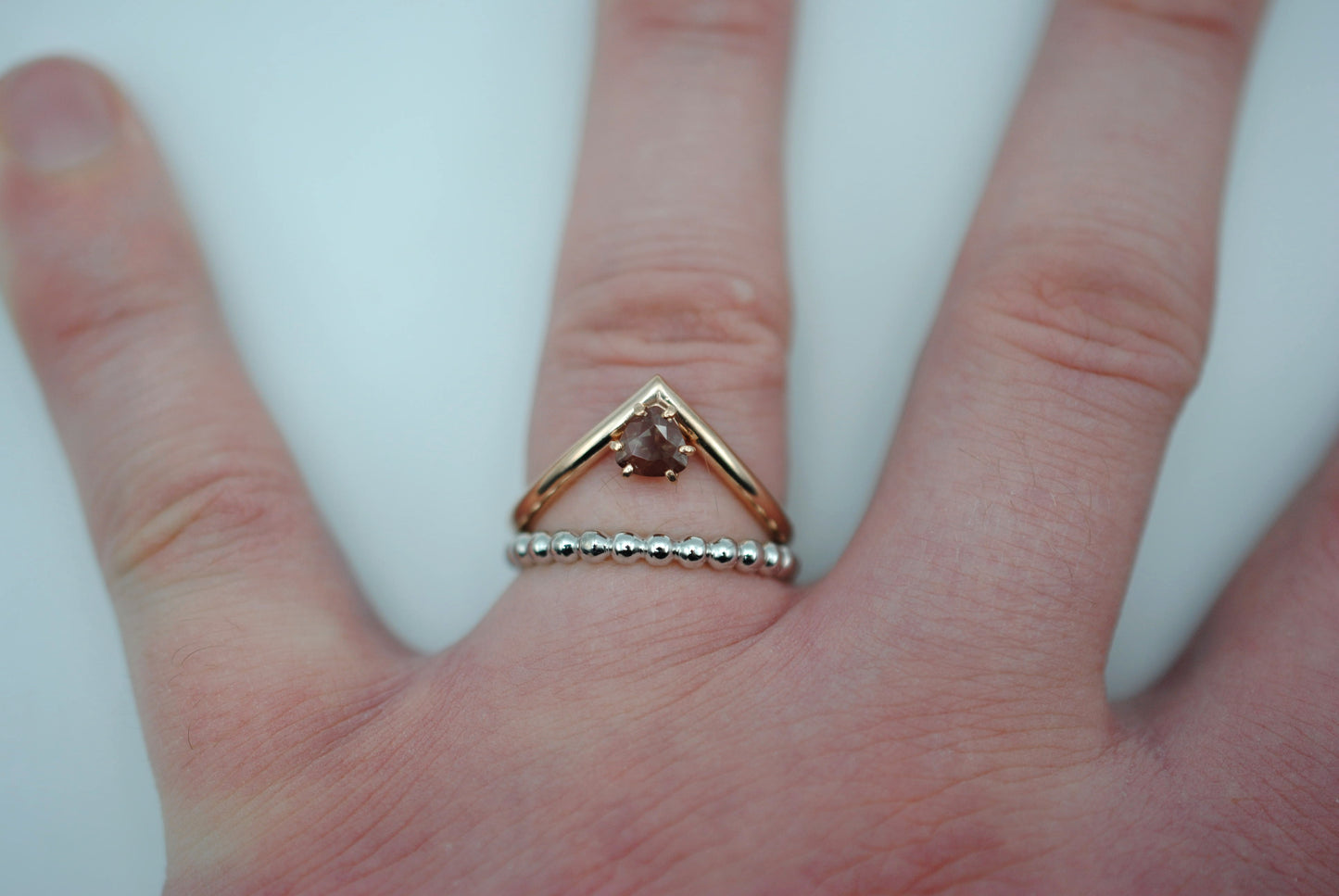 Trillion Oregon Sunstone on Rose Gold Chevron Band in Rose Gold Setting Ring with Bubble Stacker