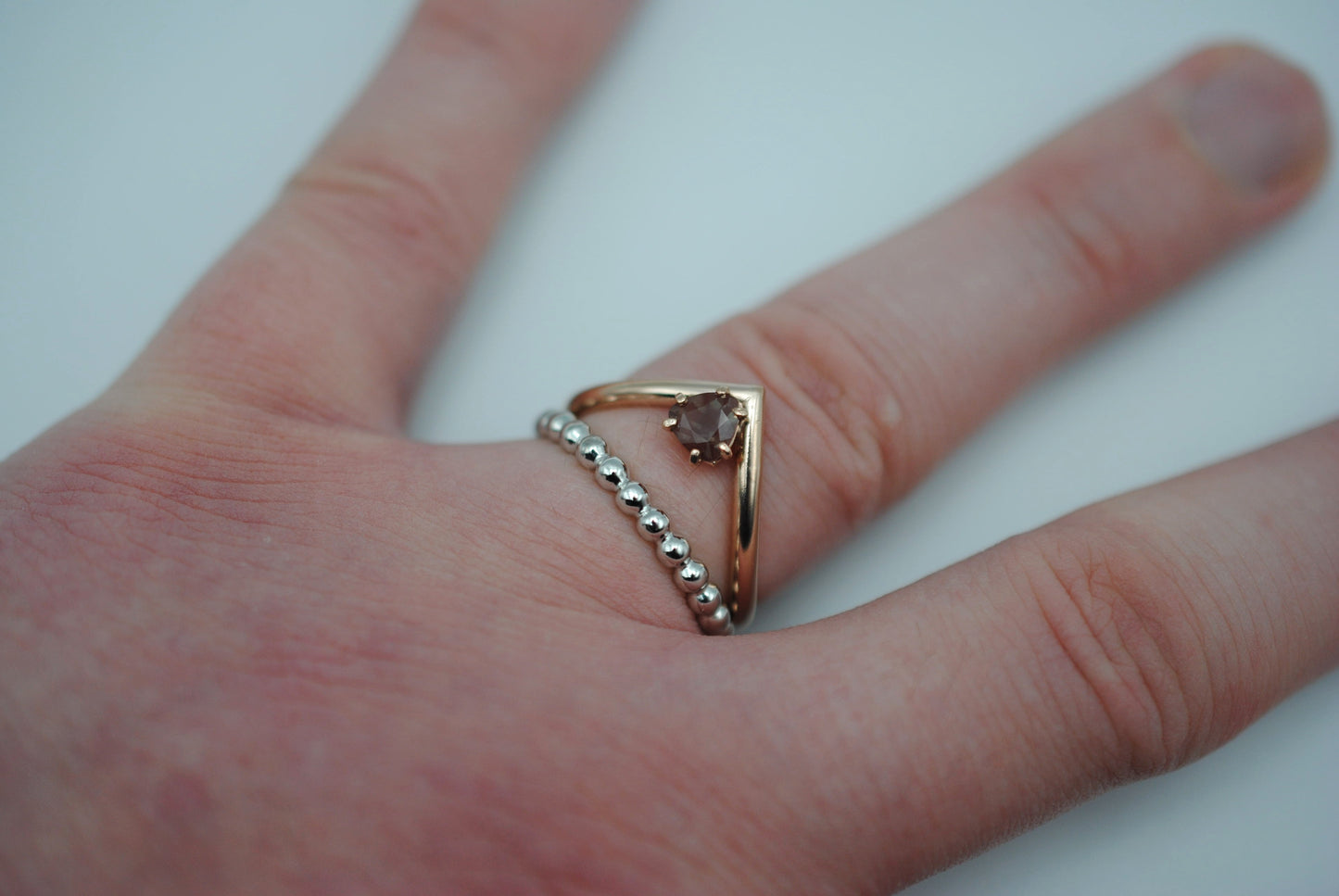Trillion Oregon Sunstone on Rose Gold Chevron Band in Rose Gold Setting Ring with Bubble Stacker
