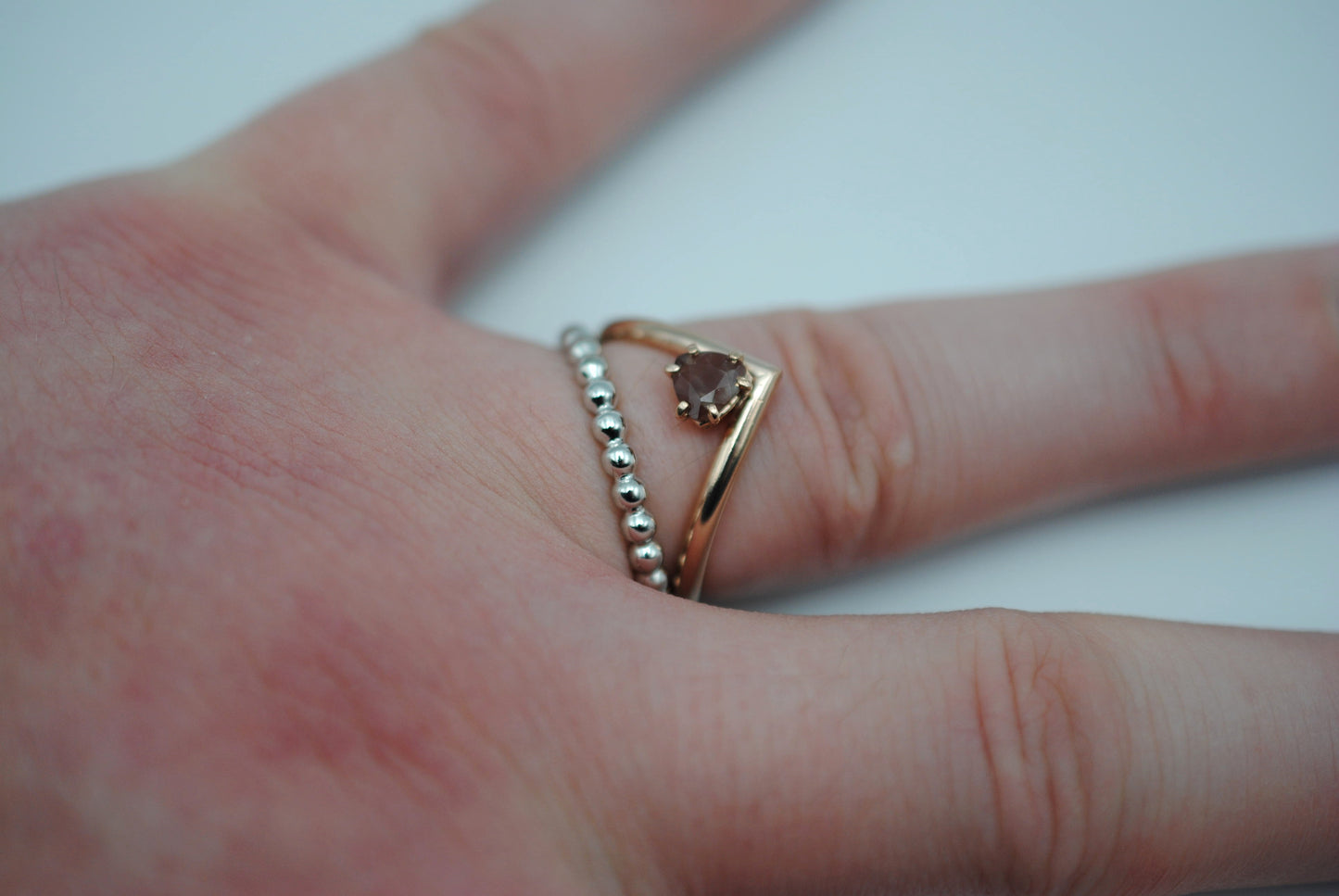 Trillion Oregon Sunstone on Rose Gold Chevron Band in Rose Gold Setting Ring with Bubble Stacker