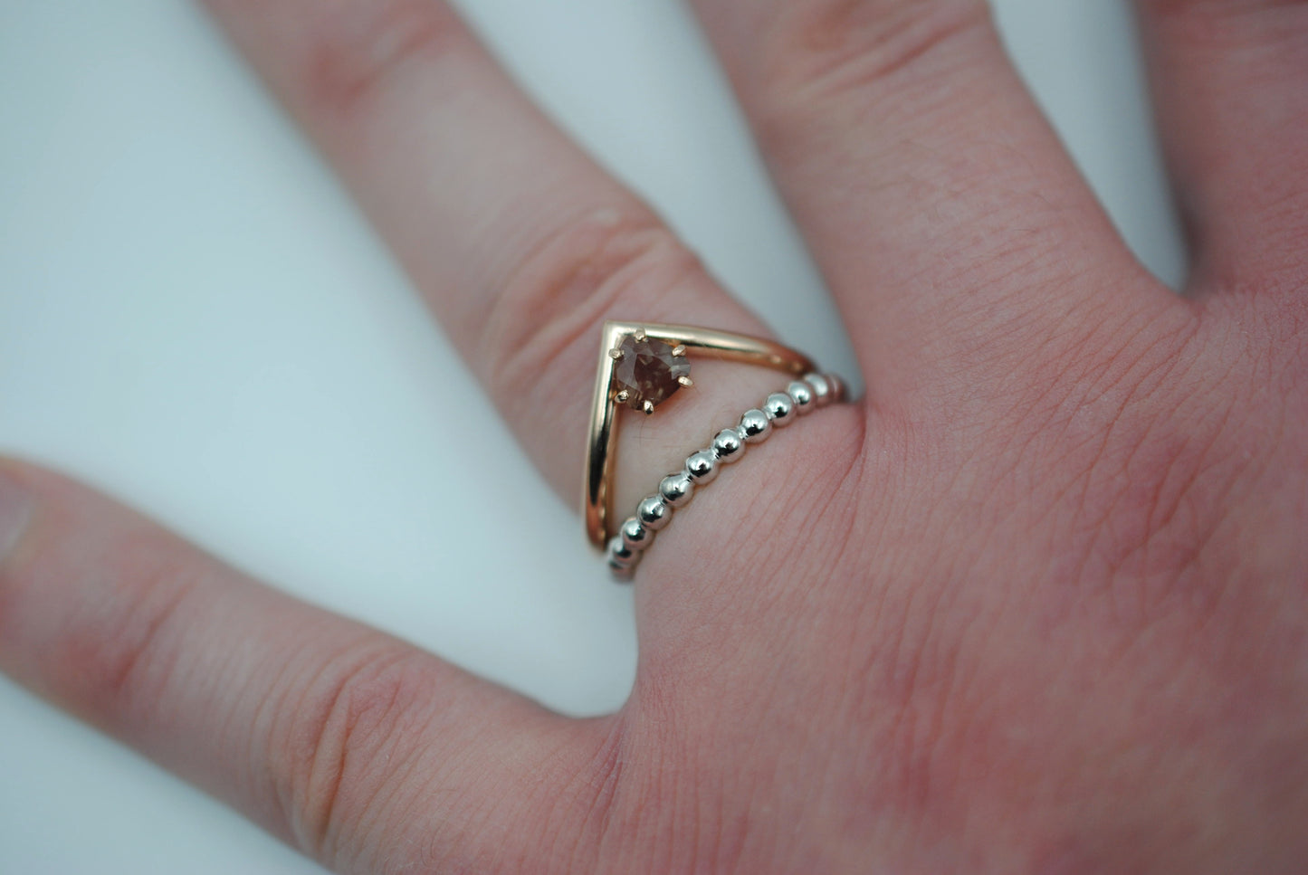 Trillion Oregon Sunstone on Rose Gold Chevron Band in Rose Gold Setting Ring with Bubble Stacker