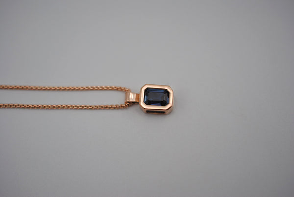 Alexandrite Necklace: Emerald Cut, Rose Gold Half Bezel, Rounded Box Chain