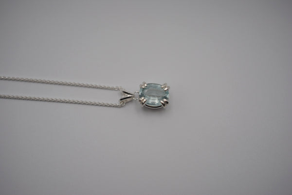 Aquamarine Necklace: Oval Cut, Silver Double Prong Setting, Adjustable Wheat Chain