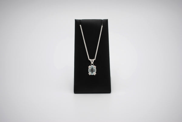Aquamarine Necklace: Oval Cut, Silver Double Prong Setting, Adjustable Wheat Chain