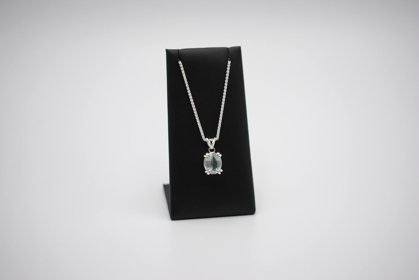 Aquamarine Necklace: Oval Cut, Silver Double Prong Setting, Adjustable Wheat Chain