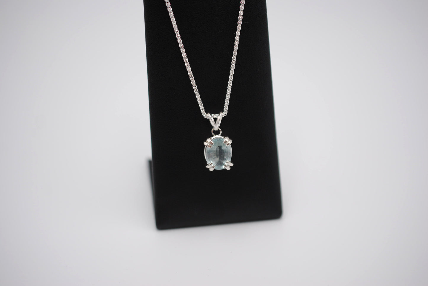 Aquamarine Necklace: Oval Cut, Silver Double Prong Setting, Adjustable Wheat Chain