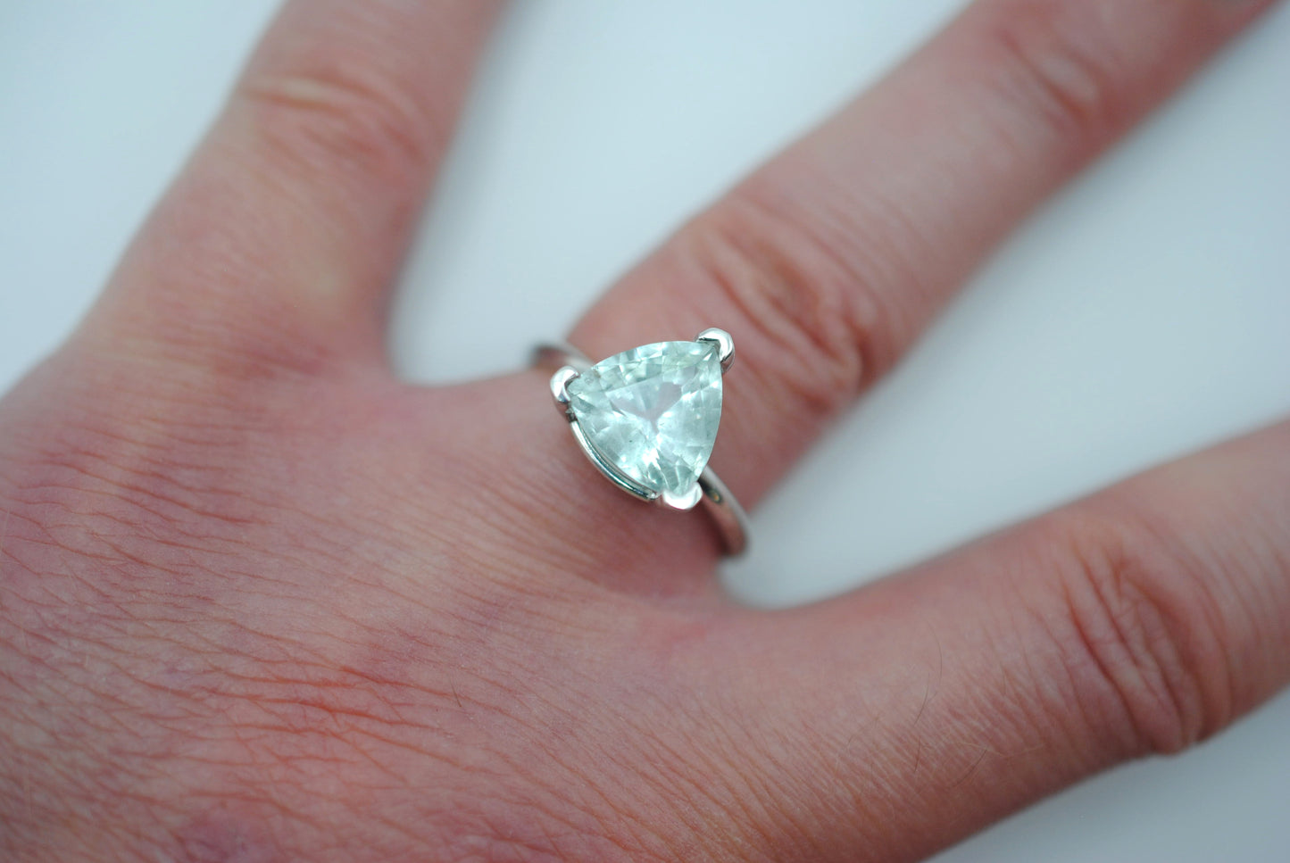 Aquamarine Ring: Trillion Cut, White Gold, V Prong Setting