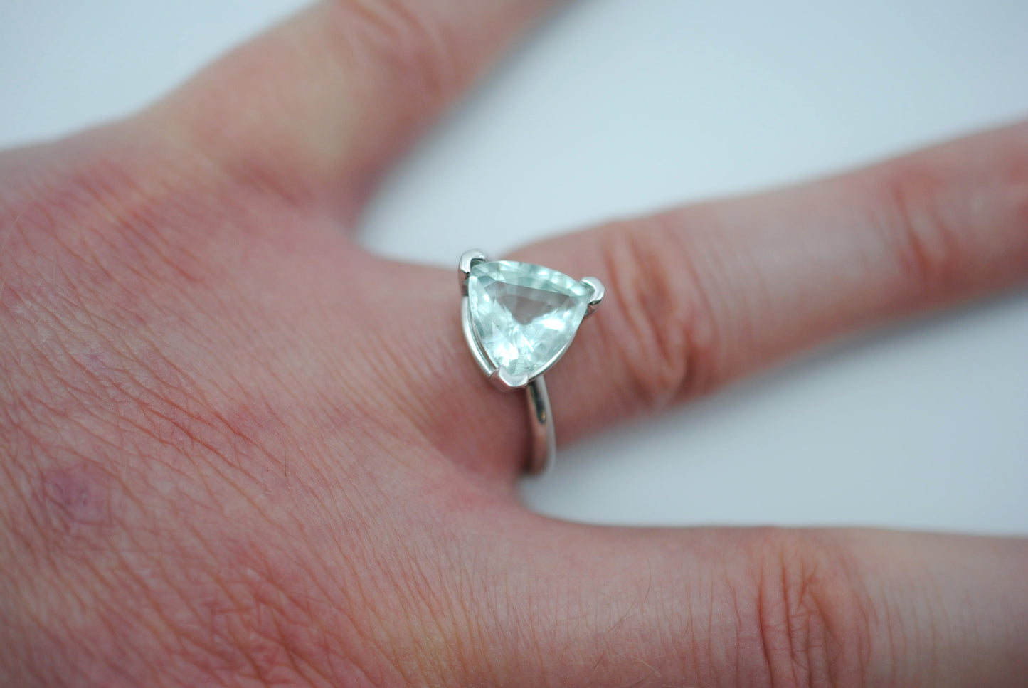 Aquamarine Ring: Trillion Cut, White Gold, V Prong Setting