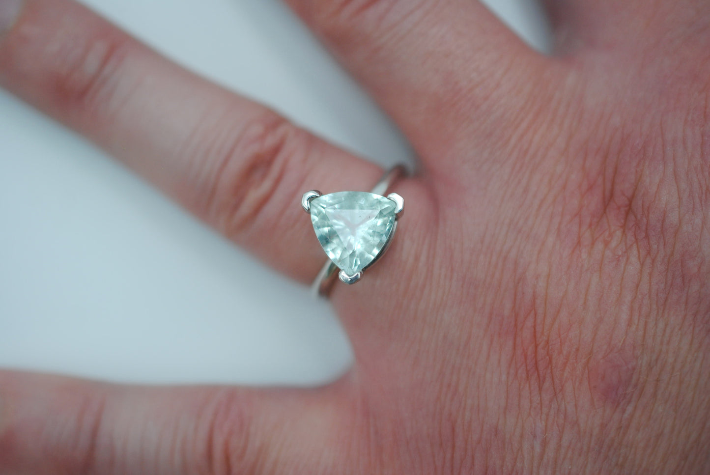 Aquamarine Ring: Trillion Cut, White Gold, V Prong Setting