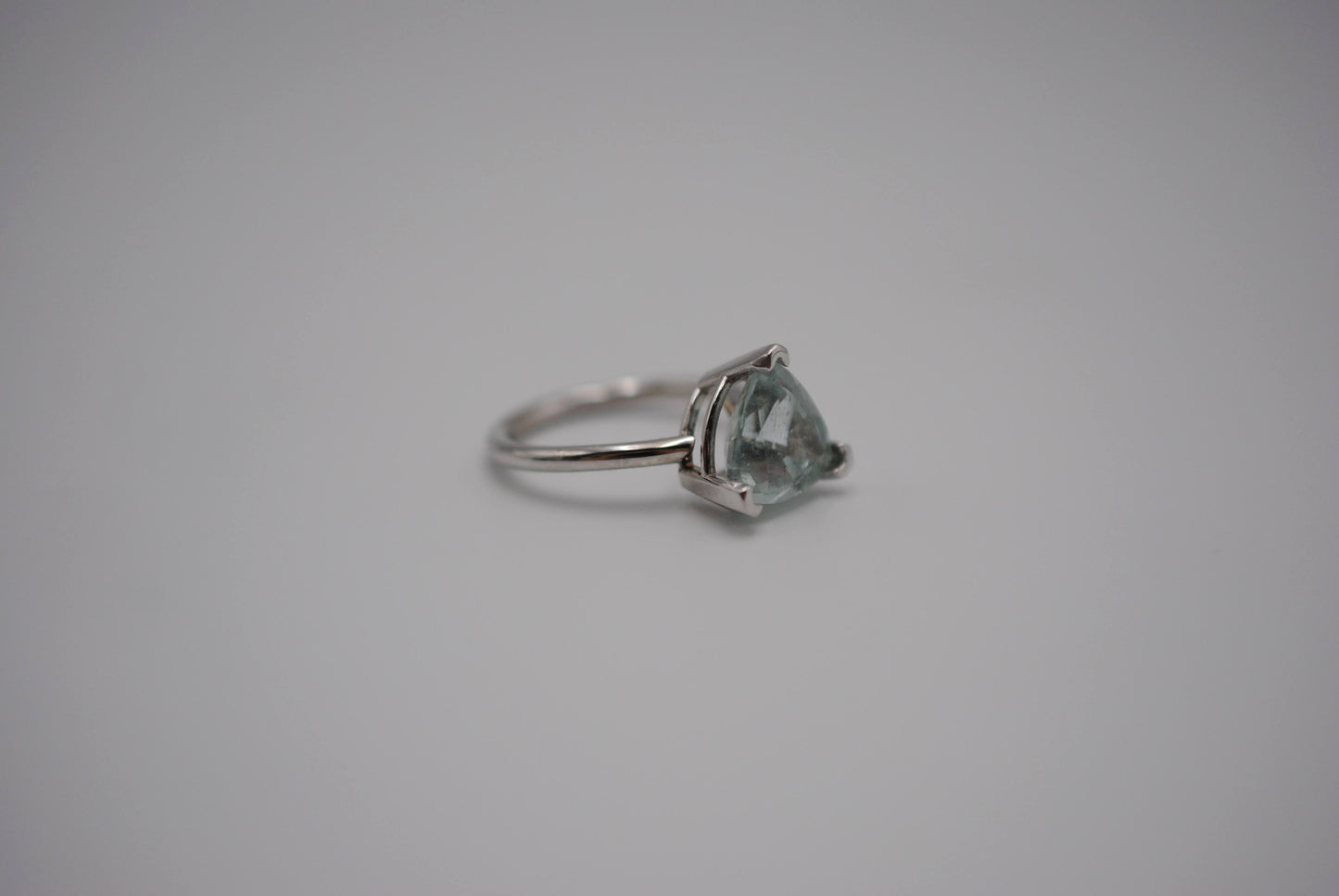 Aquamarine Ring: Trillion Cut, White Gold, V Prong Setting