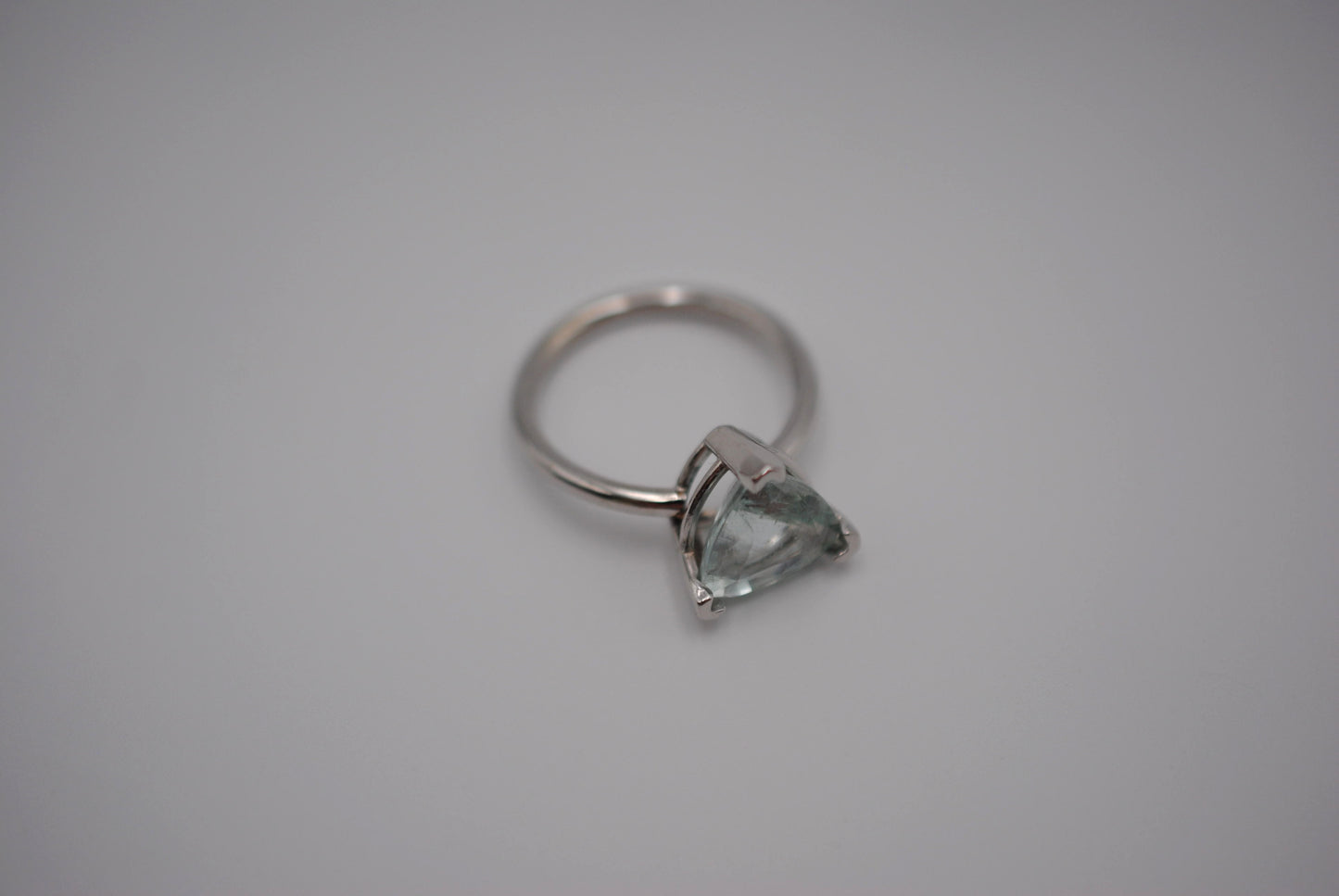 Aquamarine Ring: Trillion Cut, White Gold, V Prong Setting