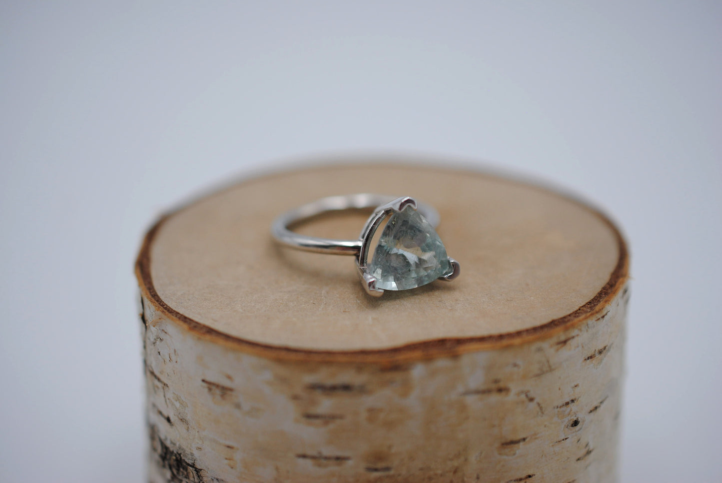 Aquamarine Ring: Trillion Cut, White Gold, V Prong Setting